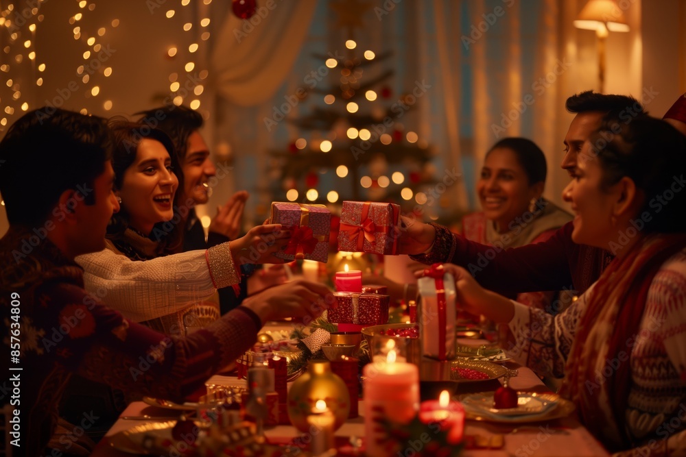 In a joyous scene, a loving family gathers around a festive Christmas table, sharing happiness and bonding. The atmosphere is filled with bliss and celebration, creating a warm and cheerful ambiance In a joyous scene, a loving family gathers around a festive Christmas table, sharing happiness and bonding. The atmosphere is filled with bliss and celebration, creating a warm and cheerful ambiance
