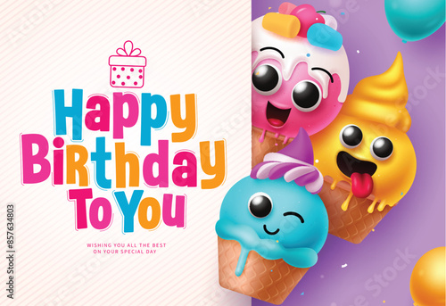 Happy birthday greeting vector template design. Birthday greeting text in white board space for typography with cute ice cream characters party elements decoration. Vector illustration birthday card  © ZeinousGDS
