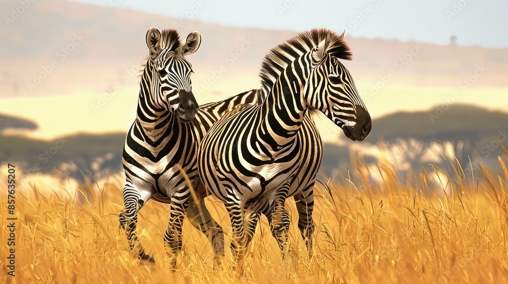 Naklejka premium Two zebras walking in the golden grass