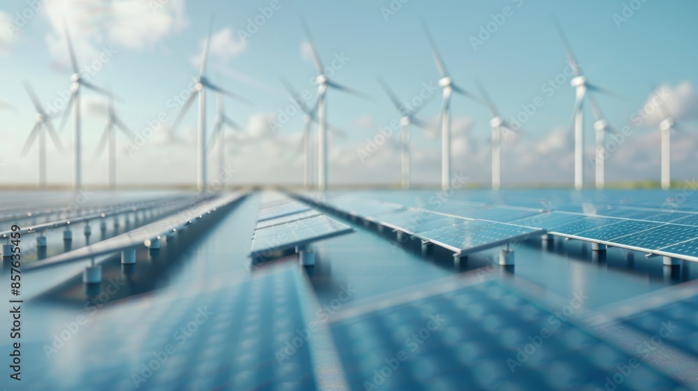 Eco-friendly Energy: Panoramic View of Solar Park, Wind Turbines, Water Reflections on Bright Day. Eco-friendly Energy: Panoramic View of Solar Park, Wind Turbines, Water Reflections on Bright Day.