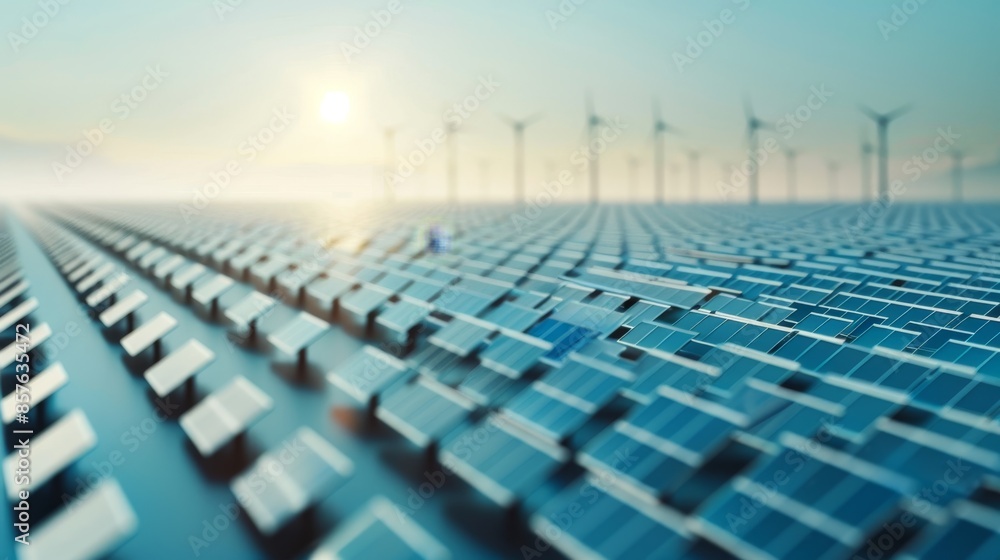 Wide shot of floating solar panels and wind turbines, expansive water surface, bright sunlight. Concept of alternative and renewable energy. Wide shot of floating solar panels and wind turbines, expansive water surface, bright sunlight. Concept of alternative and renewable energy.