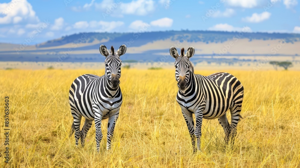 Fototapeta premium Two zebras in the grassland of Amboseli National Park, Kenya