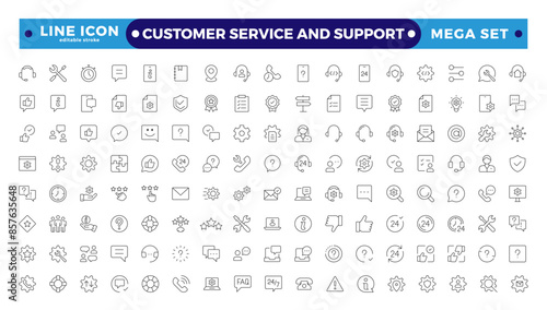 Customer Service and Support - Outline Icon Collection.Thin-line modern style of customer service icons: feedback, technical support, assistance, information, and more. Editable stroke outline icon.
