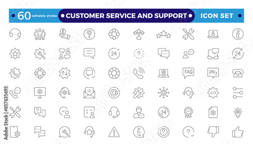 Customer Service and Support - Outline Icon Collection.Thin-line modern style of customer service icons: feedback, technical support, assistance, information, and more. Editable stroke outline icon.
