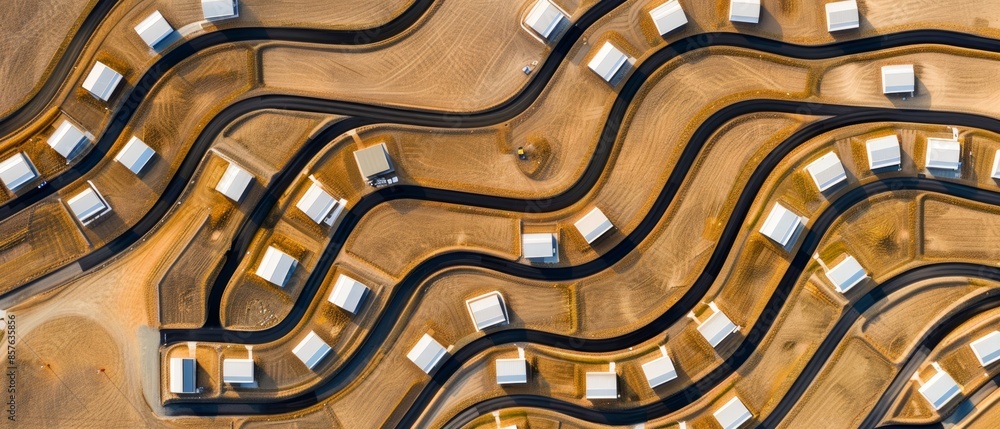 Bird's-eye view of the largest battery energy storage system park in the world, geometric patterns, sprawling facility. Bird's-eye view of the largest battery energy storage system park in the world, geometric patterns, sprawling facility.