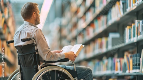 Embracing Inclusion: Disabled Man Reading in Wheelchair at Cozy Library, Promoting Accessible Education. Banner with Copy Space for Disability Insurance and Equipment Ads.