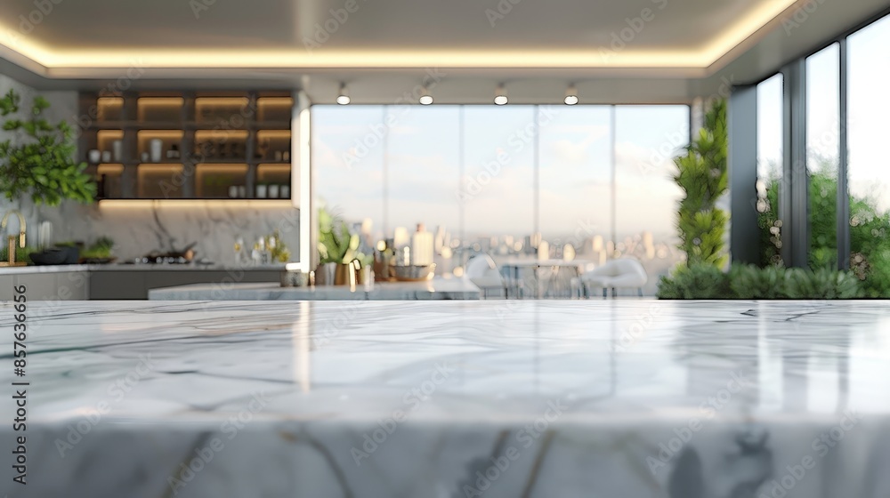 Sleek and stylish modern kitchen featuring a marble countertop, open shelving, and large windows with a stunning cityscape view. Sleek and stylish modern kitchen featuring a marble countertop, open shelving, and large windows with a stunning cityscape view.
