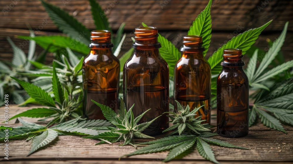 Empty amber glass bottles with dark tones, surrounded by fresh cannabis leaves, set on a rustic wooden surface Amber Glass Bottles, classic sophistication Empty amber glass bottles with dark tones, surrounded by fresh cannabis leaves, set on a rustic wooden surface Amber Glass Bottles, classic sophistication