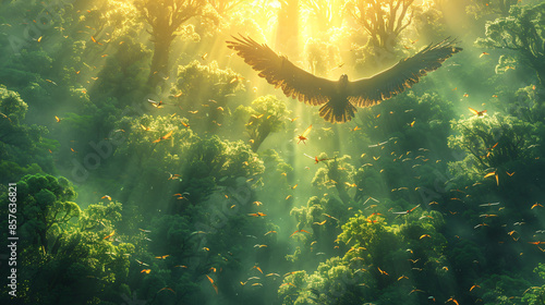 A microraptor with its long, feathered tail outstretched, gliding through the air amidst a canopy of trees, The image showcases the dinosaur's intricate plumage, the texture of the leaves. photo