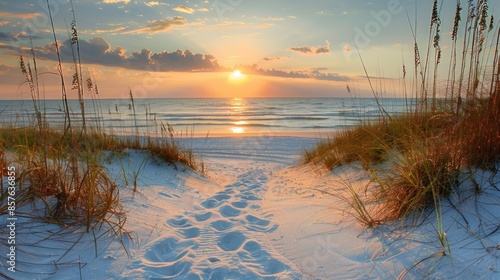 A beach scene with a sunset in the background