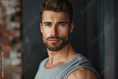 Handsome young White Caucasian man in casual grey tank top leaning on a dark brick wall, deep in thought. © KirKam