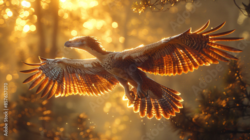 A microraptor with its long, feathered tail outstretched, gliding through the air amidst a canopy of trees, The image showcases the dinosaur's intricate plumage, the texture of the leaves. photo