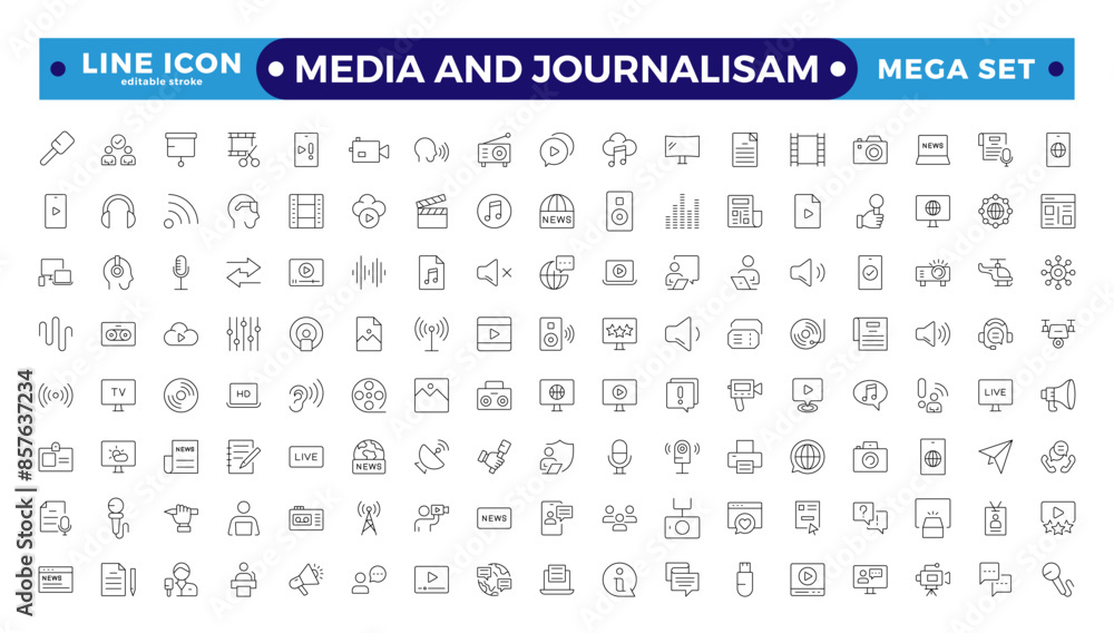 Journalism and mass media outline icon set. Vector illustration. It contains a microphone, journalist, press conference, newspaper social networks. Editable stroke outline icon. Journalism and mass media outline icon set. Vector illustration. It contains a microphone, journalist, press conference, newspaper social networks. Editable stroke outline icon.
