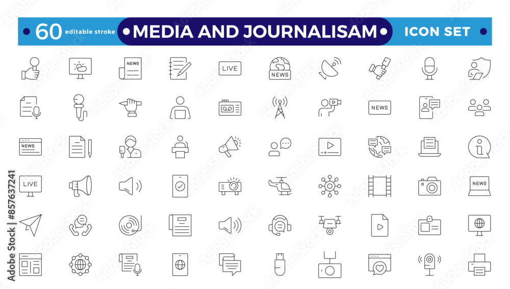 Journalism and mass media outline icon set. Vector illustration. It contains a microphone, journalist, press conference, newspaper social networks. Editable stroke outline icon. Journalism and mass media outline icon set. Vector illustration. It contains a microphone, journalist, press conference, newspaper social networks. Editable stroke outline icon.