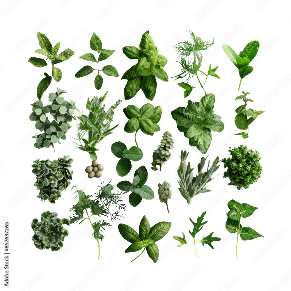 Variety of Fresh Herbs Arranged Creatively on a transparent background: A Top-Down View Signifying Healthy Diet and Herbal Remedies Variety of Fresh Herbs Arranged Creatively on a transparent background: A Top-Down View Signifying Healthy Diet and Herbal Remedies