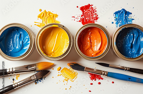 Paint cans and brushes on a white background photo