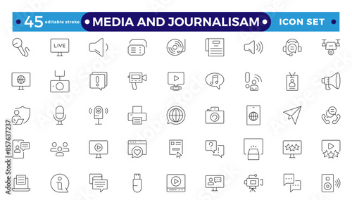 Journalism and mass media outline icon set. Vector illustration. It contains a microphone, journalist, press conference, newspaper social networks. Editable stroke outline icon.