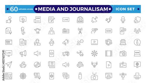 Journalism and mass media outline icon set. Vector illustration. It contains a microphone, journalist, press conference, newspaper social networks. Editable stroke outline icon.