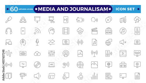 Journalism and mass media outline icon set. Vector illustration. It contains a microphone, journalist, press conference, newspaper social networks. Editable stroke outline icon.