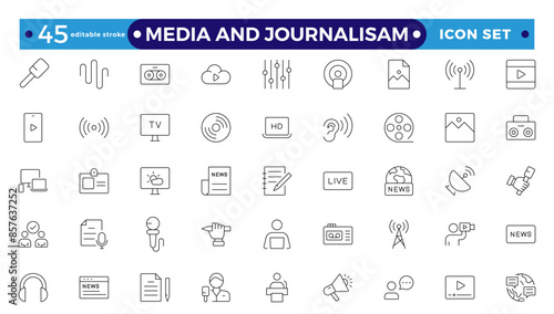 Journalism and mass media outline icon set. Vector illustration. It contains a microphone, journalist, press conference, newspaper social networks. Editable stroke outline icon.