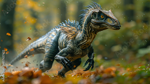 A deinonychus chasing a small prey animal through a dense forest, their feathers rustling against the leaves. the details of the dinosaurs' feathers, and the intricate foliage of the forest. © goopiag