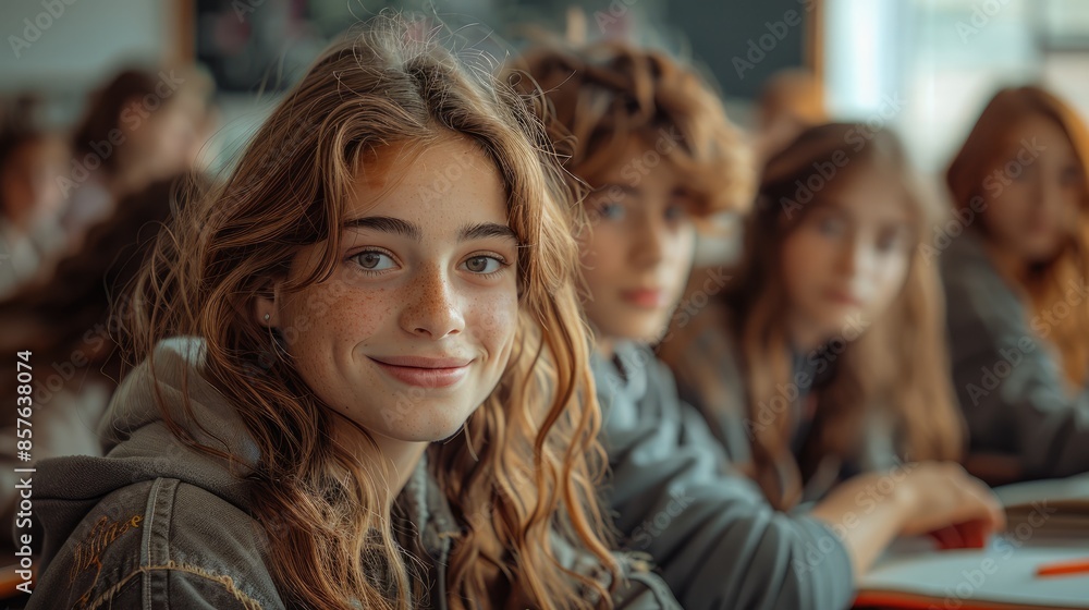 Obraz premium Caucasian girl with glasses smiling and sitting at desk when reading books at school classroom.