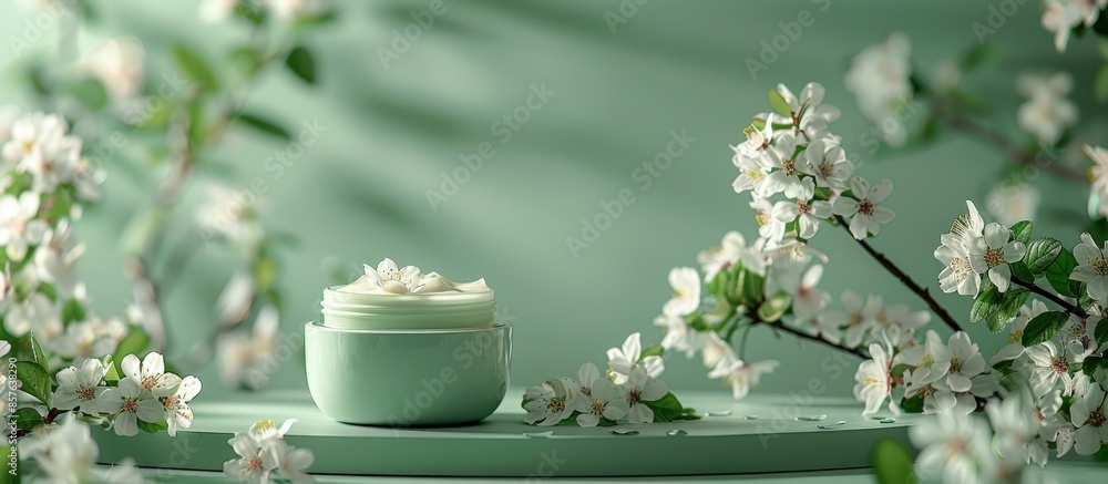 A beautifully styled green cosmetic jar placed among white blossoms, set against a serene green background, perfect for beauty and skincare themes. A beautifully styled green cosmetic jar placed among white blossoms, set against a serene green background, perfect for beauty and skincare themes.