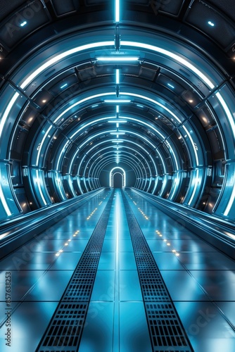 A sleek, futuristic tunnel illuminated by blue neon lights, showcasing a high-tech, metallic design perfect for sci-fi themes.