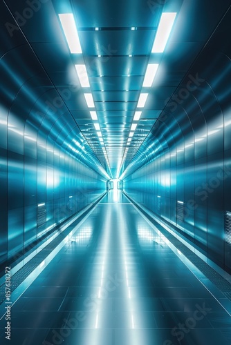 A sleek, futuristic corridor illuminated by blue neon lights, featuring reflective surfaces and a modern, sci-fi aesthetic. © Sunshine
