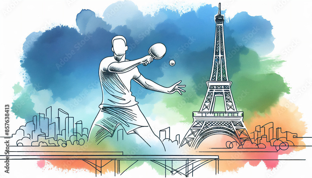 Fototapeta premium Table tennis. Vector illustration of a table tennis player in front of the Eiffel Tower in Paris. Vector continuous line. Olympic sports. Continuous line drawing