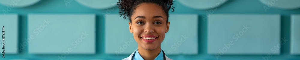 Confident Black Female Doctor with Stethoscope at Modern Medical Facility, Smiling During Daytime Confident Black Female Doctor with Stethoscope at Modern Medical Facility, Smiling During Daytime