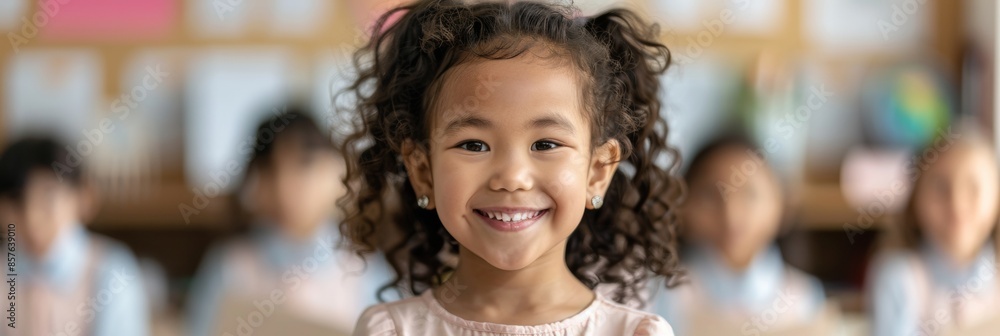 Proud Biracial Young Girl Showcases Handmade Project in Sunlit Classroom Among Peers Proud Biracial Young Girl Showcases Handmade Project in Sunlit Classroom Among Peers