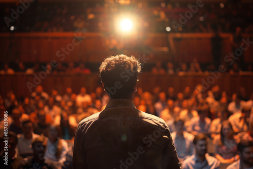 Back view of a speaker addressing a large audience in a dimly lit auditorium, warm orange lighting creating a dramatic atmosphere