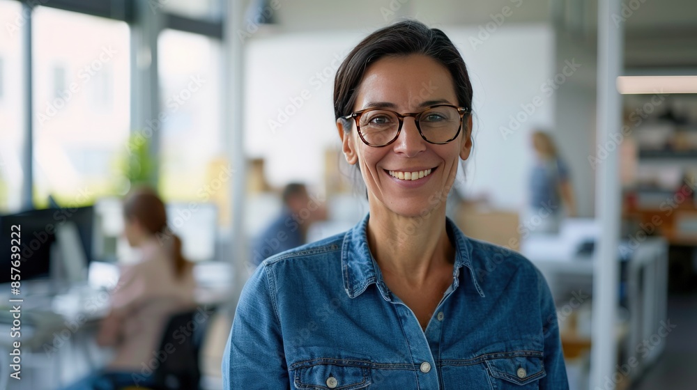 A woman wearing glasses and a blue shirt is smiling for the camera