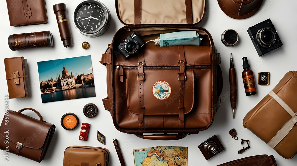 Brown travel bag surrounded by tourist icons, illustrated by hand, on a white background. Brown travel bag surrounded by tourist icons, illustrated by hand, on a white background.