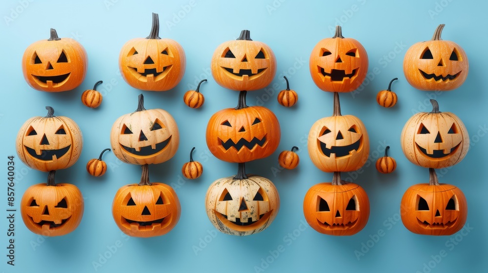 Festive Halloween Pumpkin Faces Pattern Against Pastel Blue Background for Magazine Cover, Studio Lighting Festive Halloween Pumpkin Faces Pattern Against Pastel Blue Background for Magazine Cover, Studio Lighting