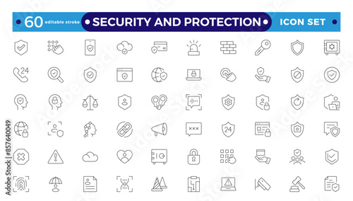 Security and Protection outline icon set. Data protection symbol. Secured network icon collection.Safety, security, protection thin line icons. Editable stroke outline icon.