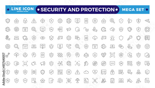 Security and Protection outline icon set. Data protection symbol. Secured network icon collection.Safety, security, protection thin line icons. Editable stroke outline icon.