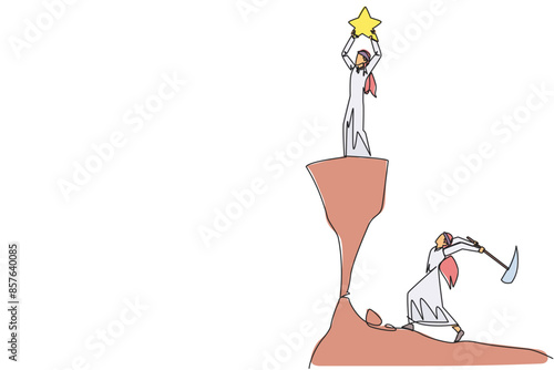 Single continuous line drawing Arab businessman standing on a cliff lifting a star. Envious friend, eating away at success from inside to fall down. The traitor. One line design vector illustration