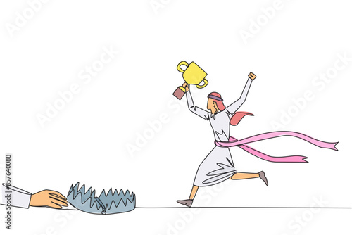 Single one line drawing Arab businessman running with trophy. Dangerous business trap. Trap that really brings down business. Fake friend. Traitor. Rival. Continuous line design graphic illustration