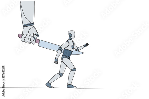 Single one line drawing robotic stabbed in the back by a large knife. Cheated to ruin by a business partner. An enemy disguised as a friend. The traitor. Continuous line design graphic illustration