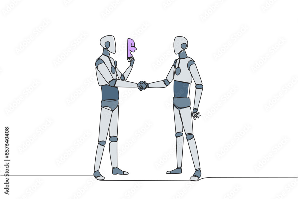 Single one line drawing the two robots shaking hands. One of them has two faces. Full of falsehood. Fake friend. Worst teamwork. Business betrayal. Traitor. Continuous line design graphic illustration Single one line drawing the two robots shaking hands. One of them has two faces. Full of falsehood. Fake friend. Worst teamwork. Business betrayal. Traitor. Continuous line design graphic illustration