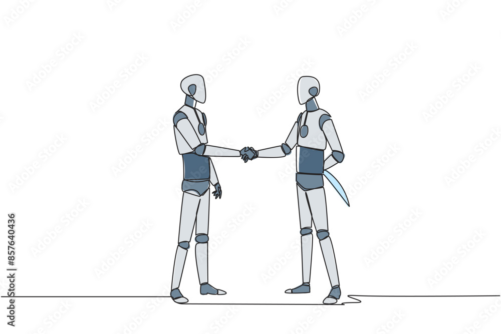 Single one line drawing two smart robots shaking hands. One of them holding a knife behind the back. Getting ready to stab. Must win at all costs. Traitor. Continuous line design graphic illustration Single one line drawing two smart robots shaking hands. One of them holding a knife behind the back. Getting ready to stab. Must win at all costs. Traitor. Continuous line design graphic illustration