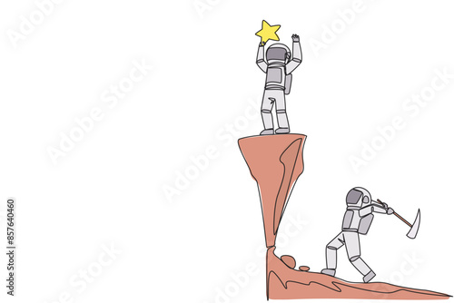Single one line drawing astronaut standing on a cliff lifting a star. An envious friend, eating away at success from the inside to fall down. The traitor. Continuous line design graphic illustration