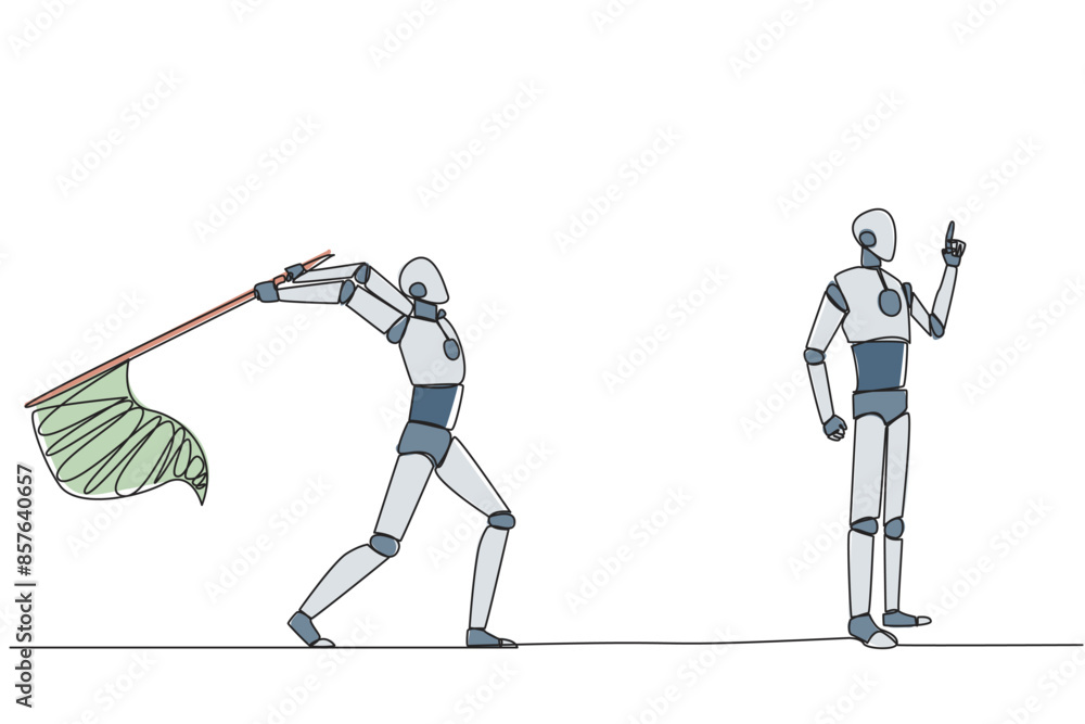 Obraz premium Continuous one line drawing the robot who comes up with an idea. A brilliant idea that will be stolen by a business partner. Cheating in business. Betrayal. Single line draw design vector illustration