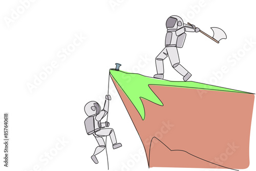 Single continuous line drawing the young astronaut climbs cliff with rope. Almost successful. Rudely dropped by a business friend. Fake partner. The worst teamwork. One line design vector illustration