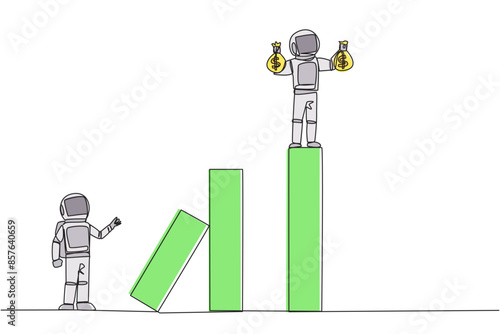 Continuous one line drawing the astronaut standing on the bar lifting money bag. Fake partner. The envy friend. Sabotage happiness. The traitor on office. Single line draw design vector illustration