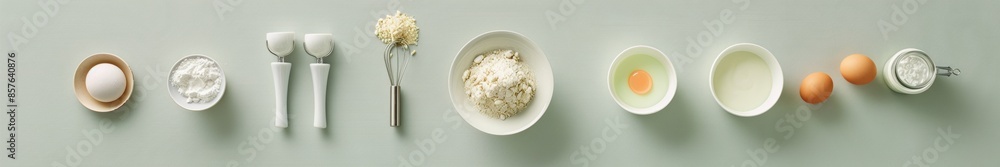 Creative Baking Essentials Layout on White Surface Featuring Flour, Eggs, and Cooking Tools in Natural Light Creative Baking Essentials Layout on White Surface Featuring Flour, Eggs, and Cooking Tools in Natural Light
