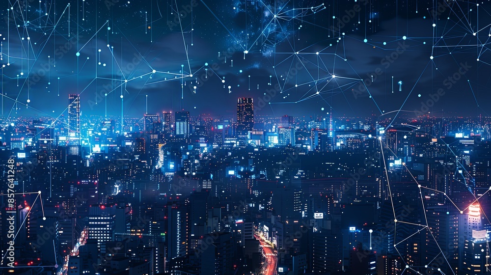 An advanced night cityscape with a digital network overlay, lighting up the skyline and symbolizing the rapid technological growth and interconnectedness of the modern world. An advanced night cityscape with a digital network overlay, lighting up the skyline and symbolizing the rapid technological growth and interconnectedness of the modern world.