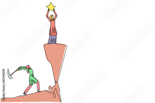 Single one line drawing Arab businesswoman standing on a cliff lifting a star. Envious friend, eating away at success from inside to fall down. The traitor. Continuous line design graphic illustration